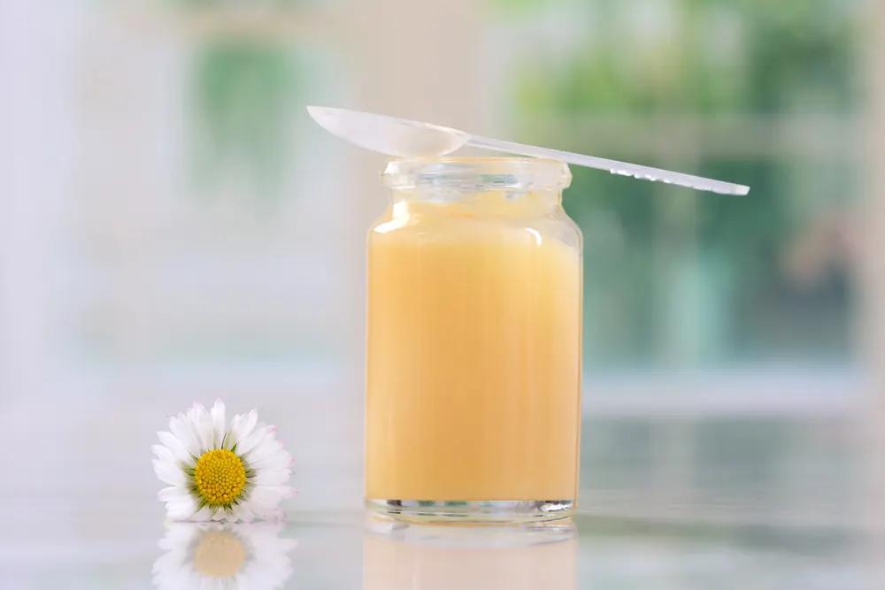 Pot de gelée royale fraîche avec une cuillère