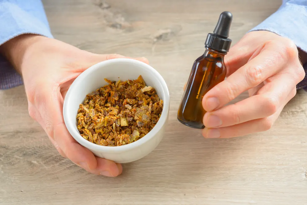 Propolis brute dans un bol et extrait en flacon compte-gouttes